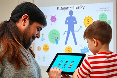 Parent and child using AR wall chart for interactive learning.